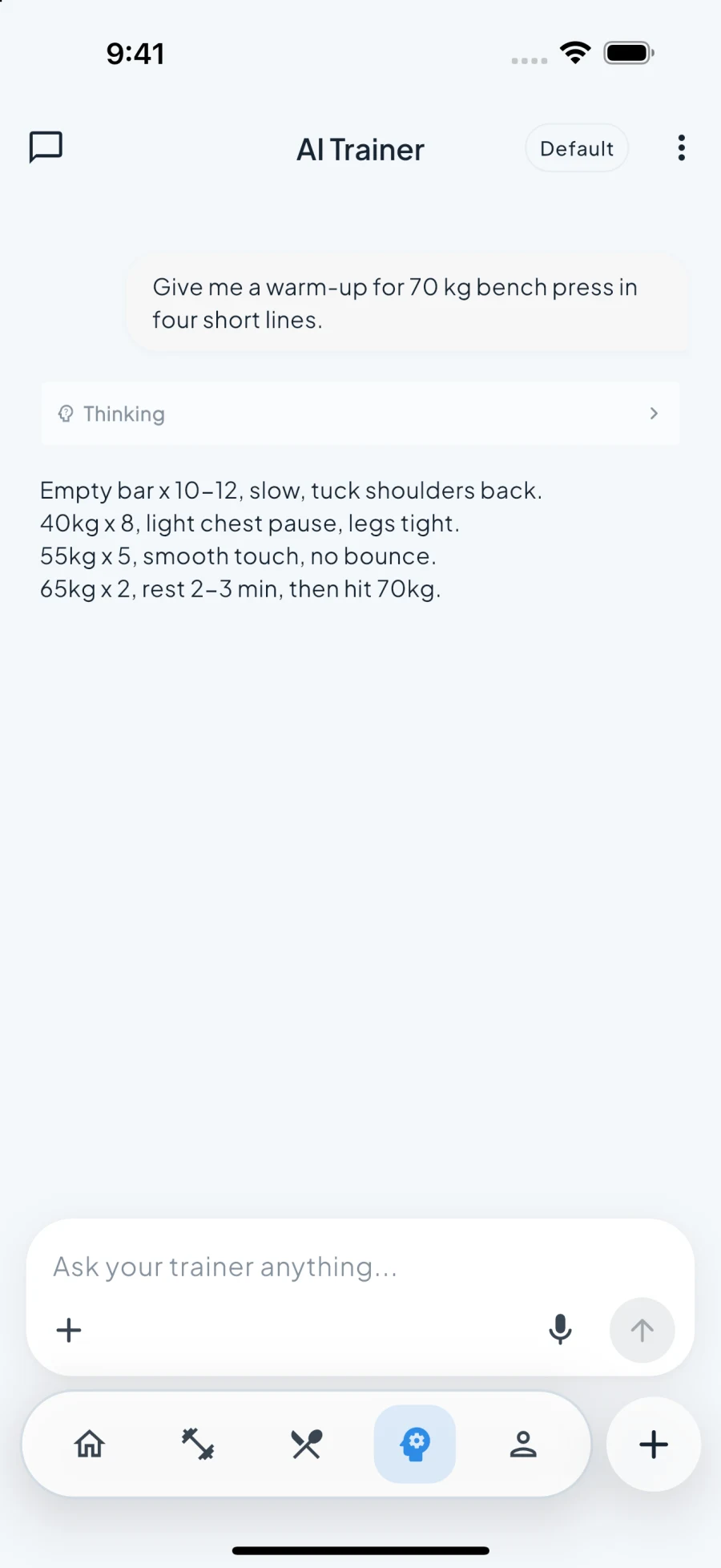 A real Fit Snap coach conversation with a bench press warm-up recommendation