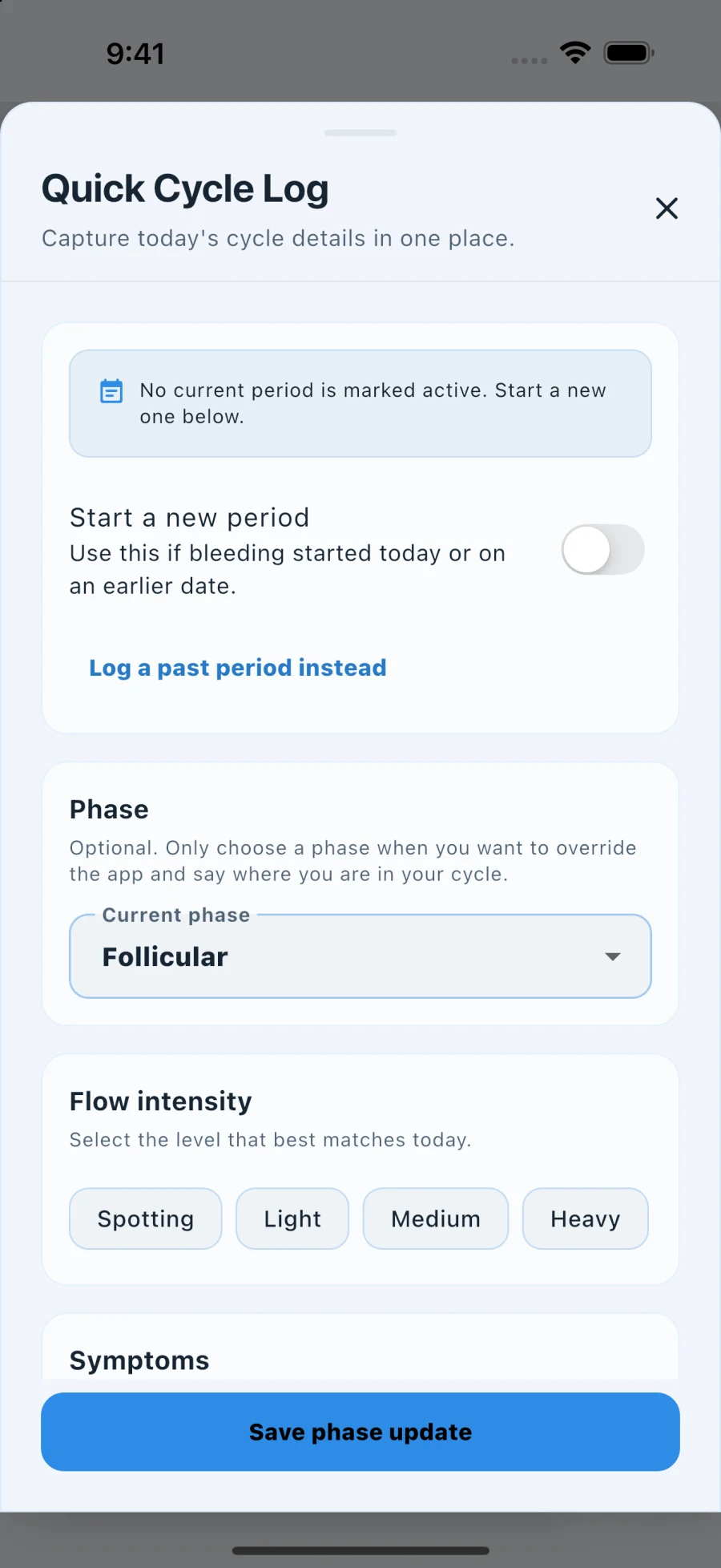 Fit Snap optional cycle log with flow and symptom controls