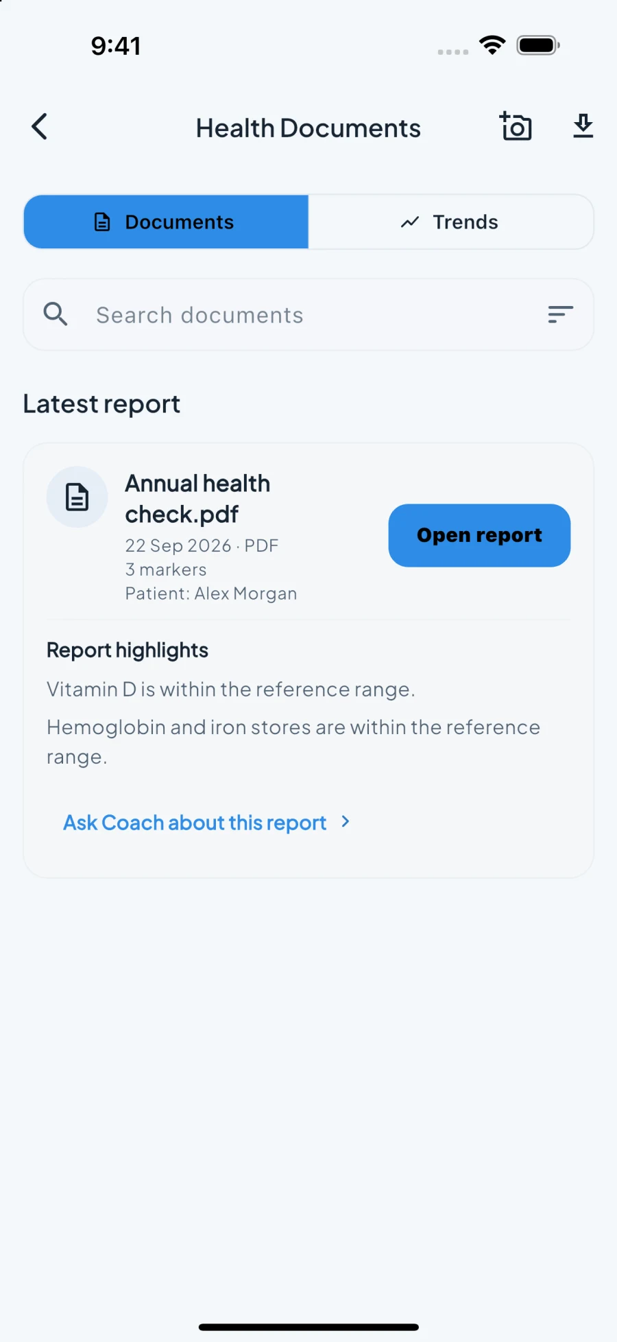 Fit Snap health report list with marker summaries and report dates