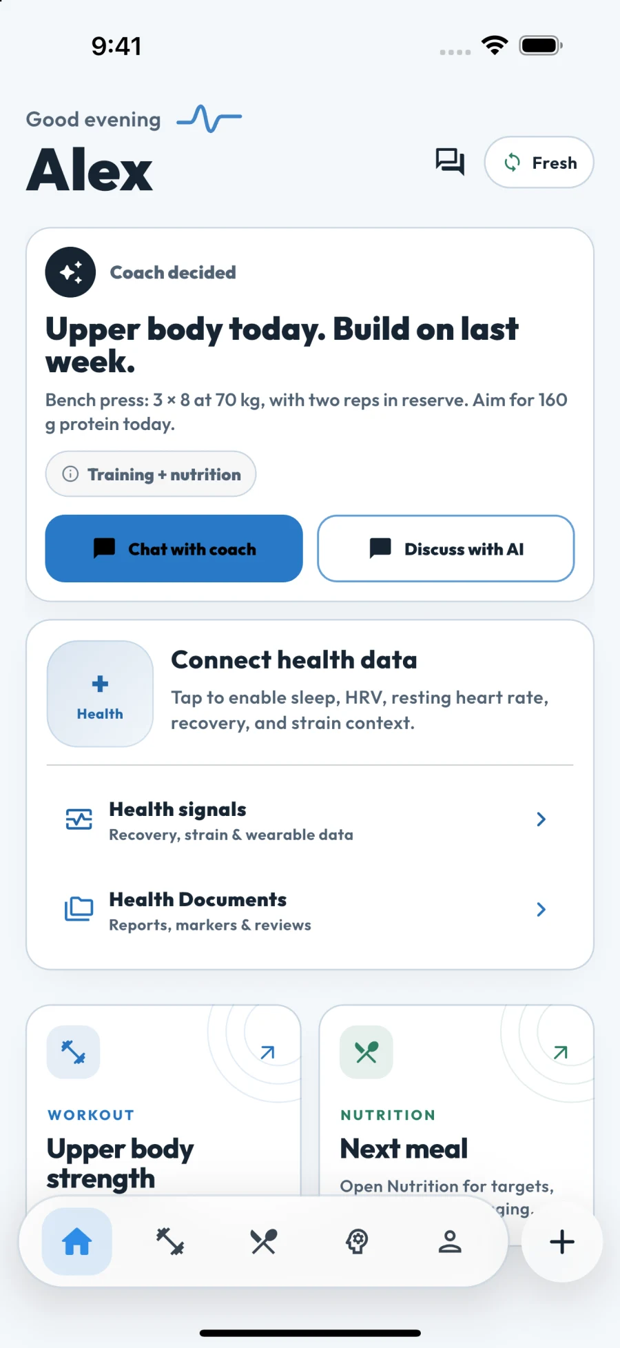 Fit Snap home showing a daily coach decision, workout and nutrition
