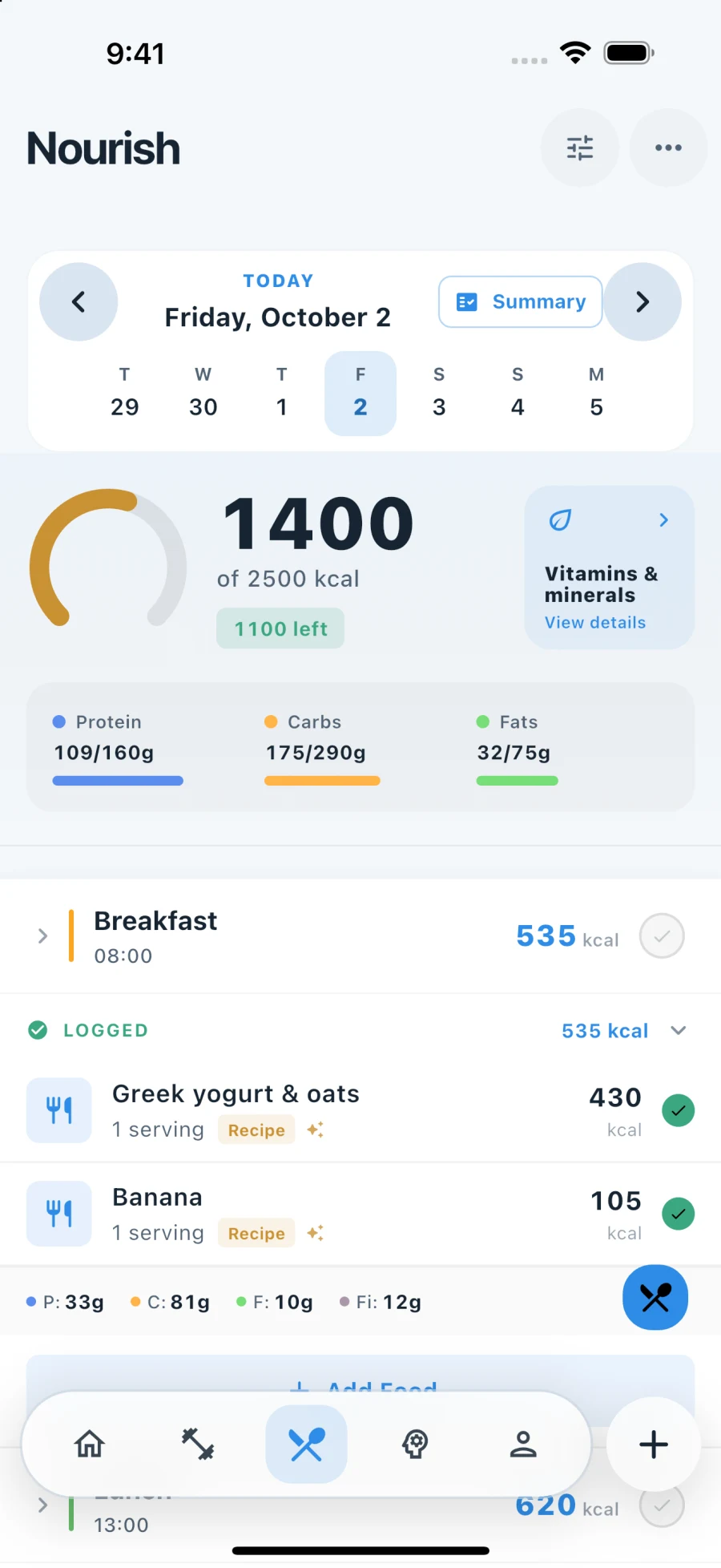 Fit Snap nutrition dashboard with calories, macros and logged meals