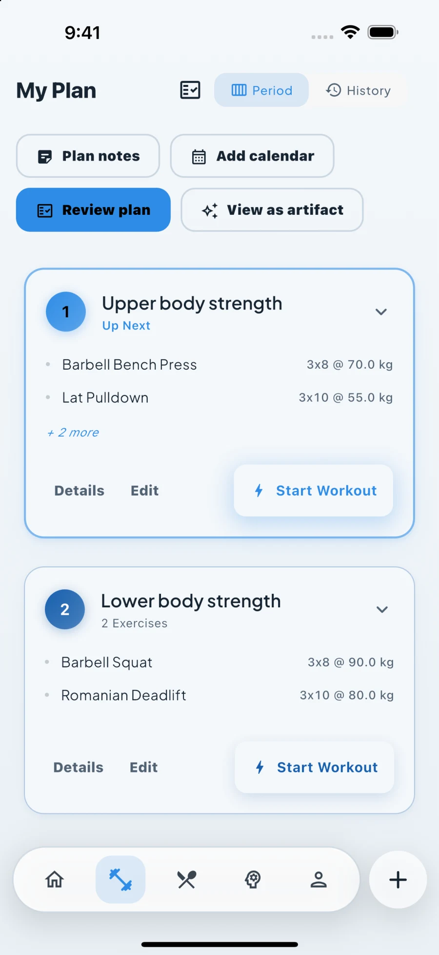 Fit Snap workout plan showing exercises, sets and rest intervals