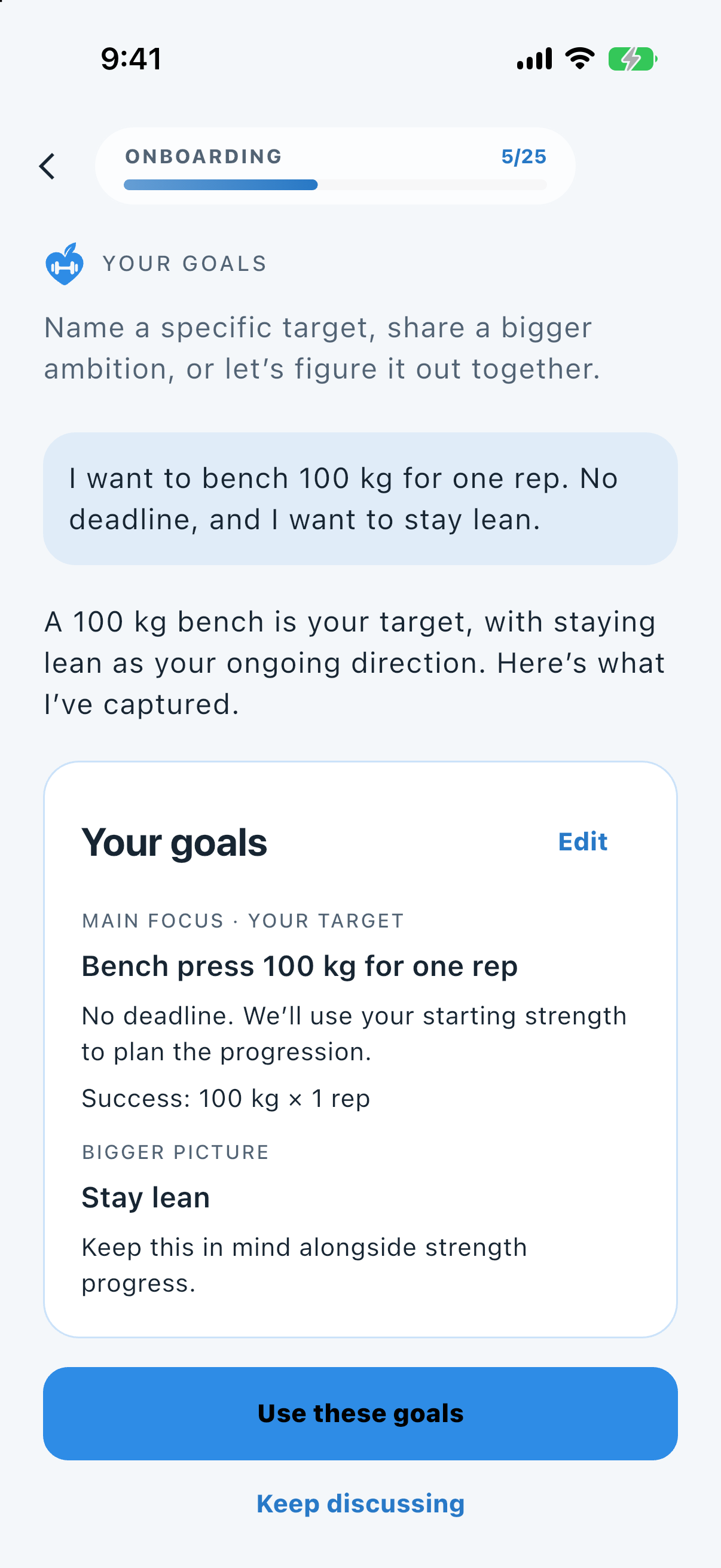 Fit Snap goal setup turning a typed sentence into a 100 kilogram bench press target and a stay-lean priority